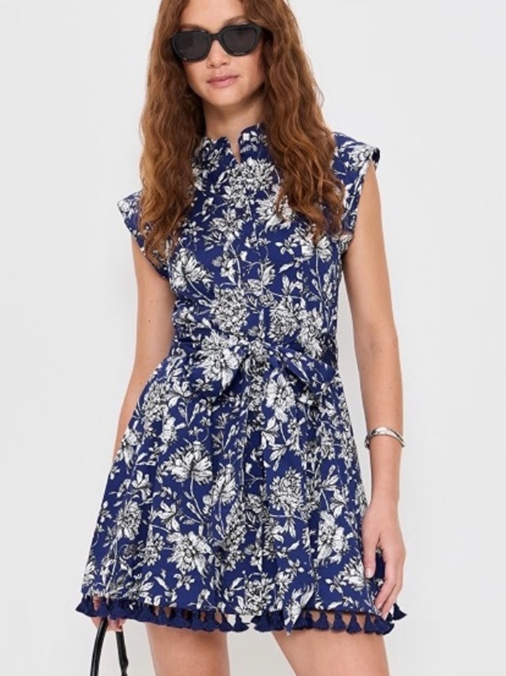 Alice + Olivia Navy White Floral Tie-Waist Mini Dress